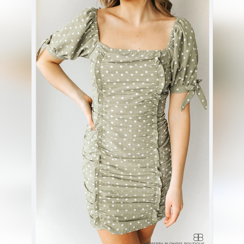 NWT Lumiere Cinch Square Neck Dress W/ Ruffles-Celery Green w/ White Polka Dots